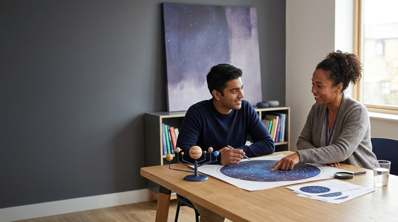 Escena de conversación ilustrada para el tema del IELTS El espacio exterior y las estrellas
