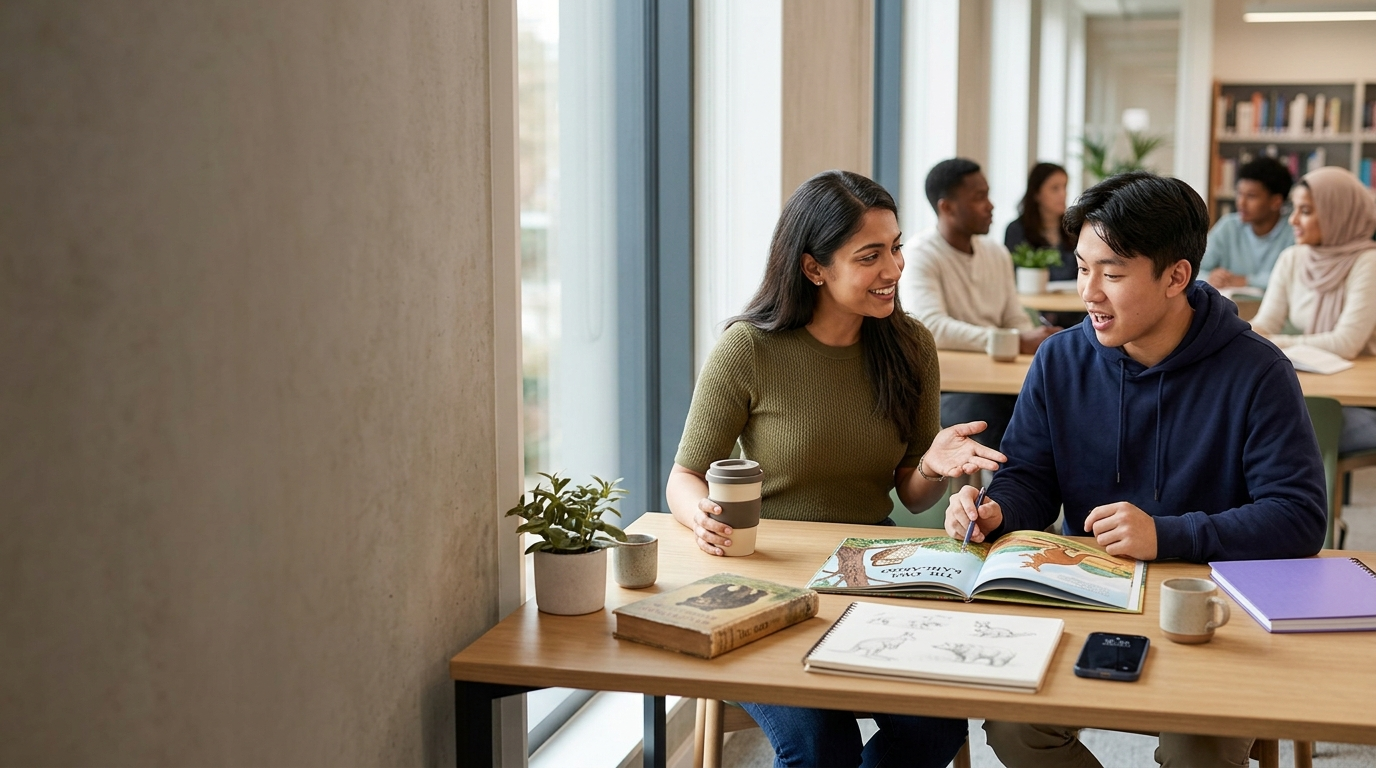 IELTS ipucu kartı için resimli konuşma sahnesi İçinde hayvanların olduğu bir hikayeyi/kitabı anlatın